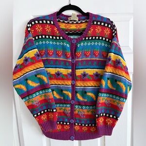 Vintage L.L.Bean Fruit Floral Pattern Knit Cardigan Sweater 80s 90s RARE Size M
